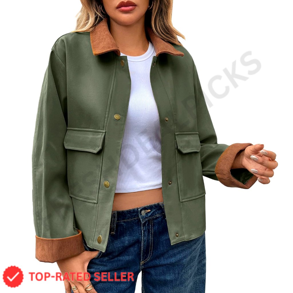 Cropped Utility Jacket Contrast Collar Cargo Pockets Casual Fall Chic Oversized